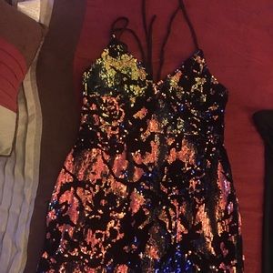 Shinny blue & orange dress.